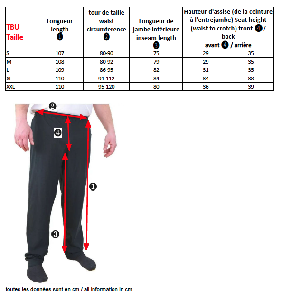 Guides des tailles du pantalon anti-ondes en tissu black jersey - Yshield TBU